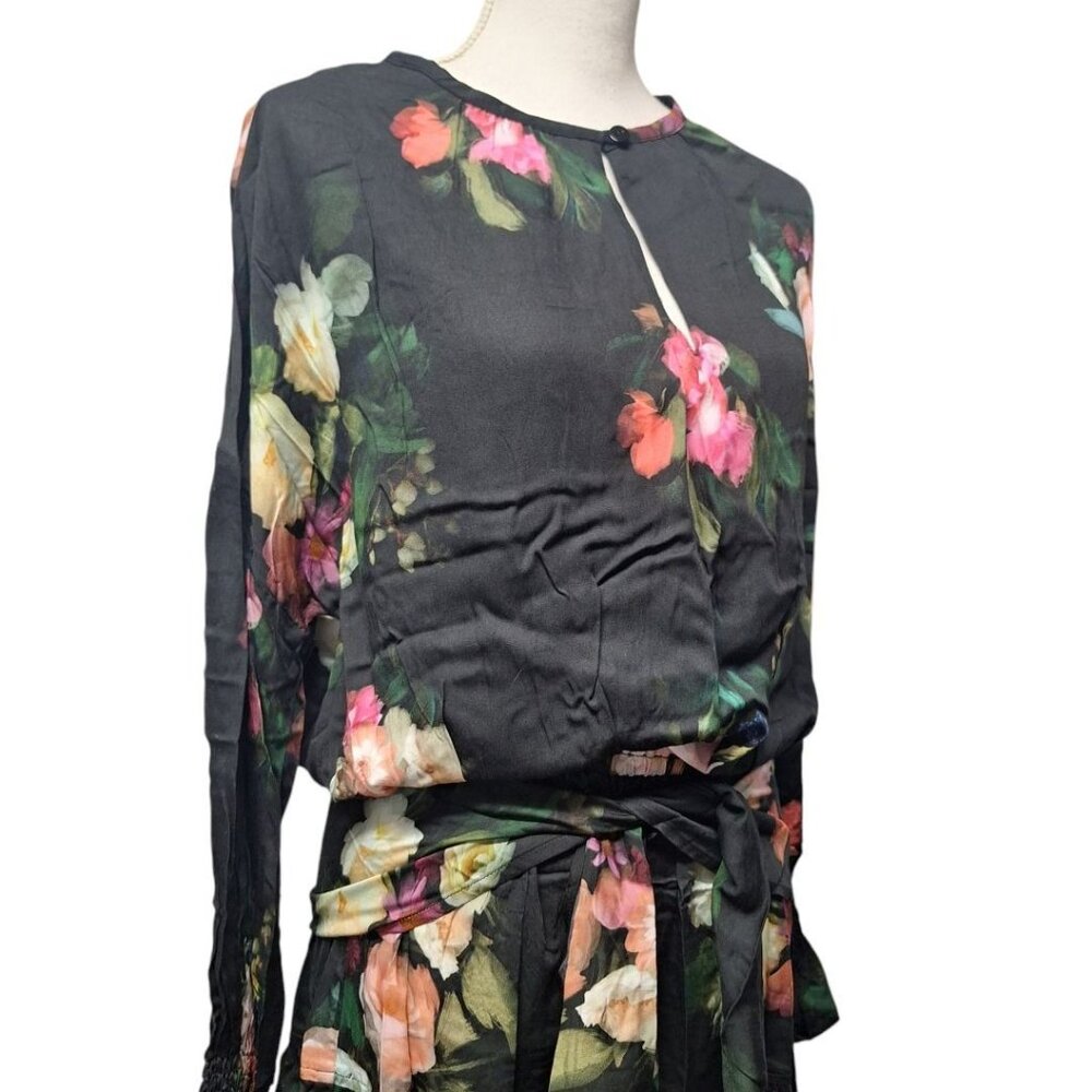 Finley Wrap Belt Dress Black Floral Long Sleeve Lightweight Women Small Tie Wais - Picture 10 of 12